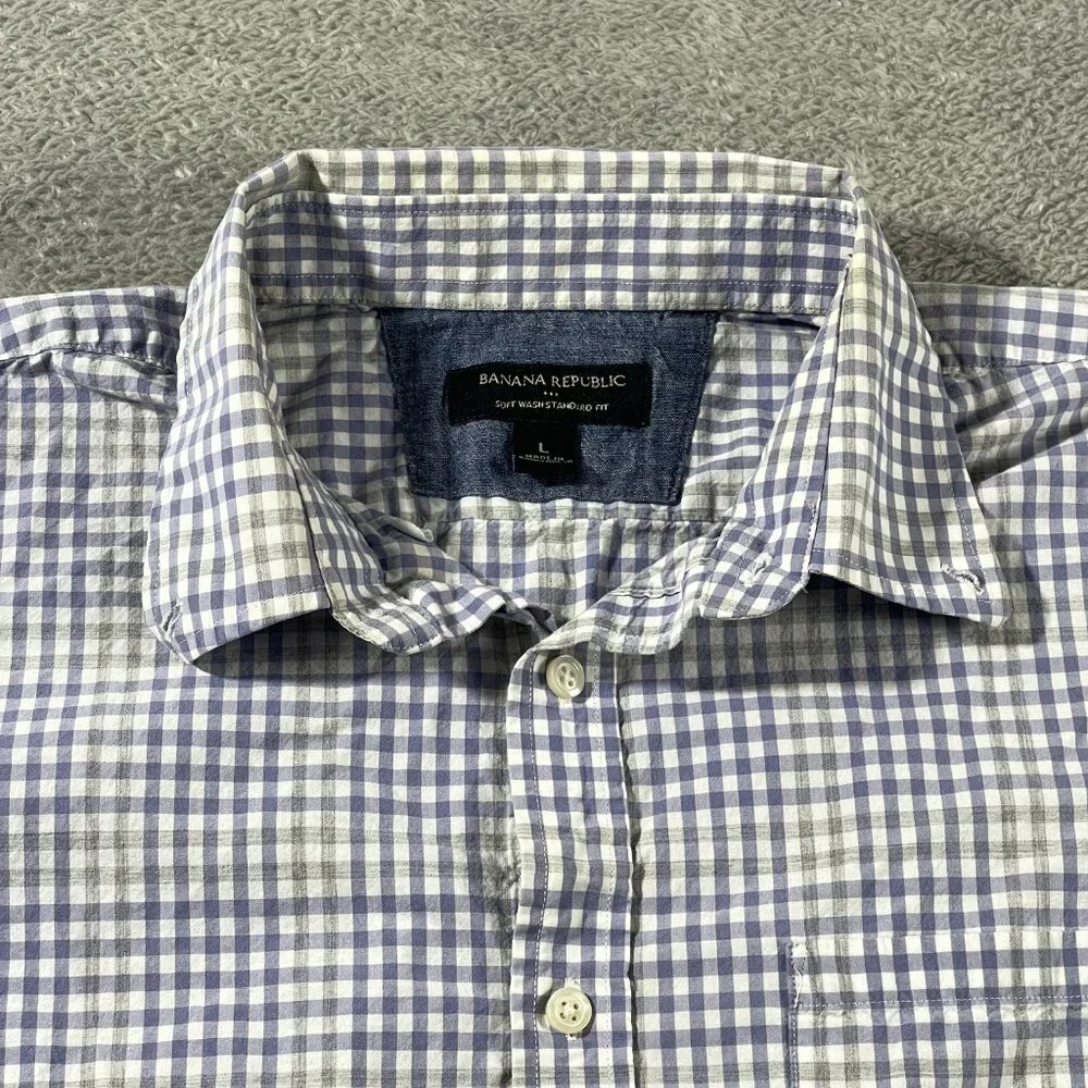 Banana Republic L Men Soft Wash Standard Fit Button Down Purple‎ Plaid Casual